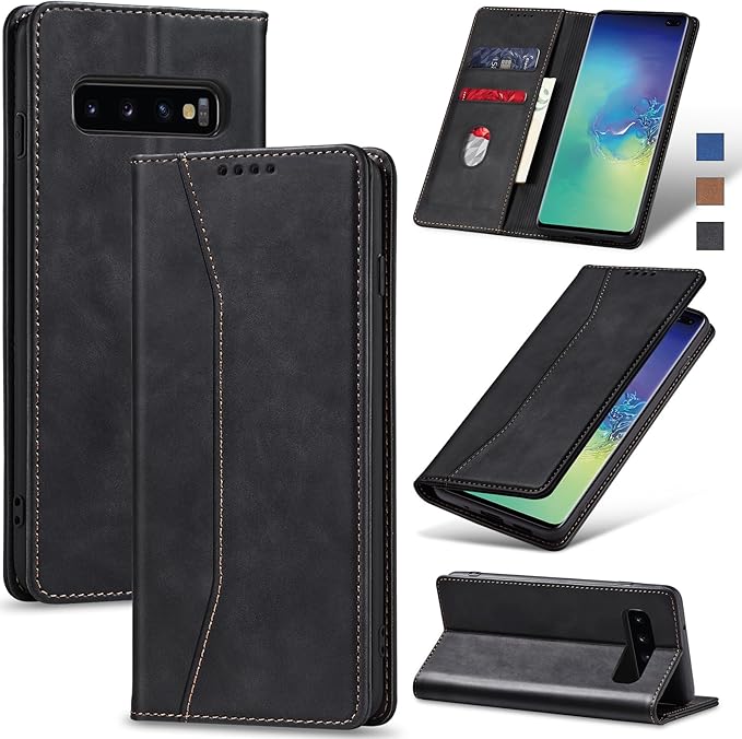 Jasonyu Flip Wallet Case for Samsung Galaxy S10 Plus,Leather Magnetic Folio Cover with Card Holder,Kickstand - TPU Shockproof Durable Protective Phone Case,Black