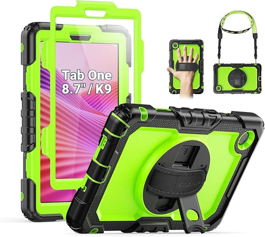 SEYMAC Case for Lenovo Tab One 8.7 inch/ K9 TB305FU (2025), Heavy Duty Full-Body Shockproof Protective Case with Screen Protector, Stand, Hand/Shoulder Strap and Pen Holder, Green