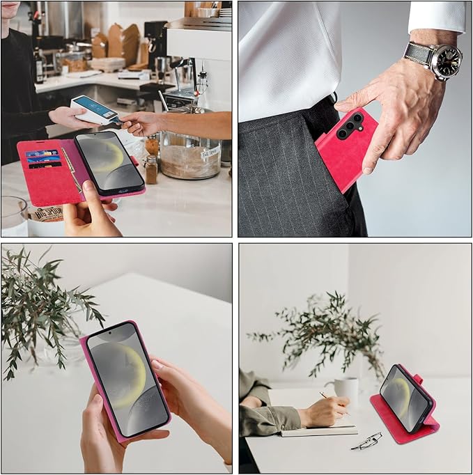 MONASAY Wallet Case Fit for Samsung Galaxy S24+ Plus 5G, [Lens & Glass Screen Protector Included] [RFID Blocking] Flip Folio Leather Cell Phone Cover with Credit Card Holder，6.7 inch, Hot-Pink