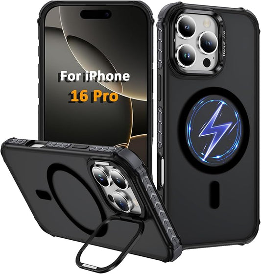 Magnetic for iPhone 16 Pro Case Black with MagSafe Wireless Charging Heavy Duty Military-Grade Shockproof Protection Adjustable Kickstand Slim Matte Anti-Fingerprint Cover Men Women