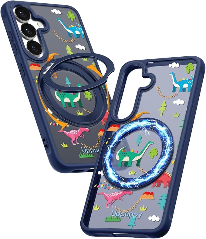 for Samsung Galaxy S25 Case with 360° Rotatable Magnetic Ring - Compatible with MagSafe, Semi-Transparent Anti-Fingerprint Soft-Touch Material Shockproof, Cute Dinosaur Design for Women Girl