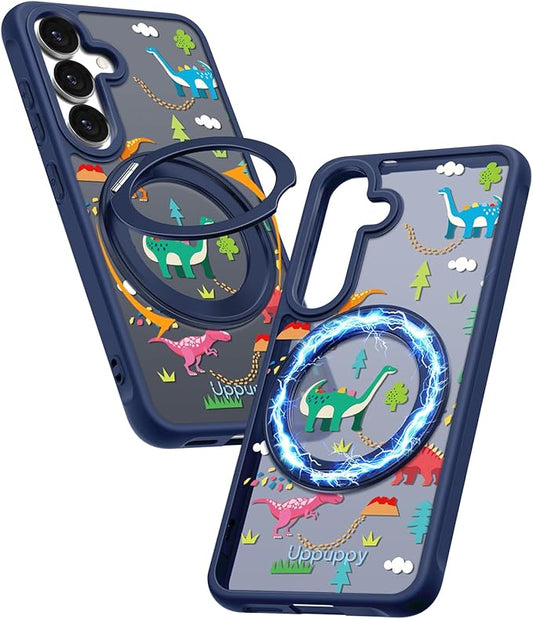 for Samsung Galaxy S25 Case with 360° Rotatable Magnetic Ring - Compatible with MagSafe, Semi-Transparent Anti-Fingerprint Soft-Touch Material Shockproof, Cute Dinosaur Design for Women Girl