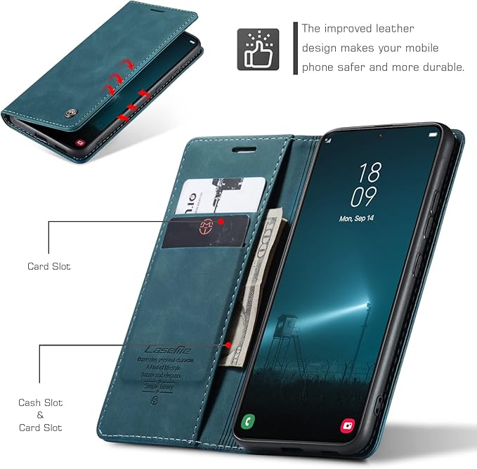 for Samsung Galaxy S22 Case, Flip Wallet Leather Case with Card Holder Magnetic Closure Shockproof Kickstand Protective Phone Cases Cover for Samsung S22,Blue-Green