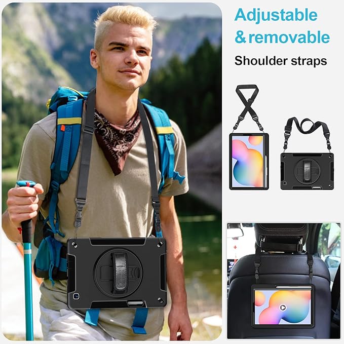 Case for Galaxy Tab S6 Lite 10.4 Inch 2024/2022/2020 : Military Grade TPU Shockproof Cover with Screen Protector - Stand - Shoulder Strap - Handle - S-Pen Holder for Samsung Tablet S6 Lite - Black