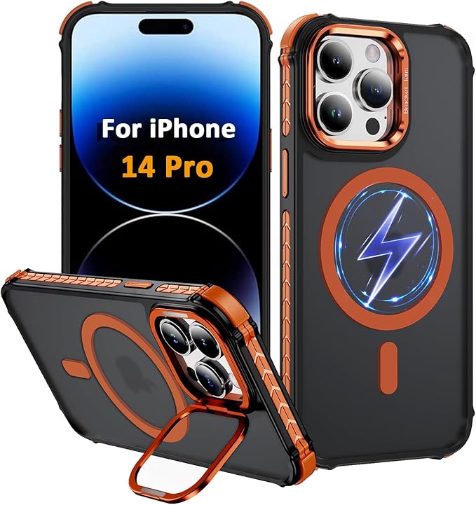 Magnetic for iPhone 14 Pro Case Orange with MagSafe Wireless Charging Heavy Duty Military-Grade Shockproof Protection Adjustable Kickstand Slim Matte Anti-Fingerprint Cover Men Women