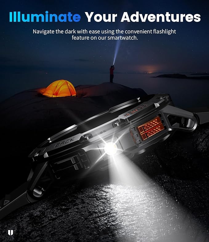 Military Smart Watches for Men(Answer/Make Calls) with LED Flashlight,530mAh Large Battery,1.43’’ AMOLED Heart Rate/Sleep Monitor 5ATM Waterproof Smartwatch for Android iOS,100+Sport Modes,3 Straps