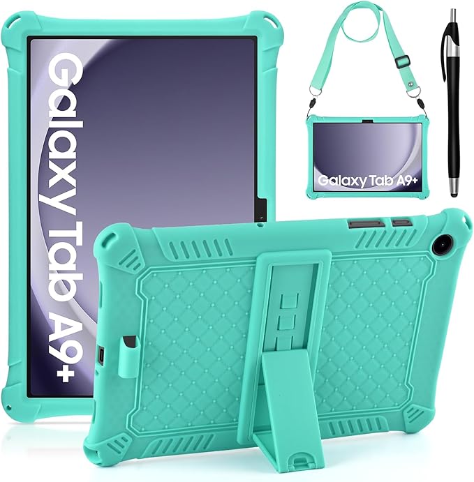 DETUOSI Compatible with Samsung Galaxy Tab A9 Plus Case 11 inch 2023, with Shoulder Strap & Stylus Pen, Soft Silicone Multi-Angle Case for Galaxy Tab A9+ Tablet SM-X210/X216/X218, Mint Green