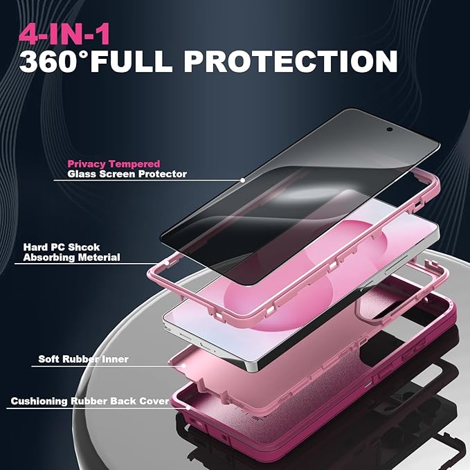 Designed for Samsung Galaxy S24 Ultra Case [with Privacy Screen Protector] 3-Layer Full Body Protection Rugged Shockproof Heavy Duty Phone Case Cover, Purple/Pink