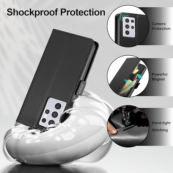 Wallet Flip Case for Samsung Galaxy S21 Ultra 5G - [RFID Blocking] Luxury PU Leather Card Holder Magnetic Phone Cover with Kickstand,Shockproof Protective Case,Black