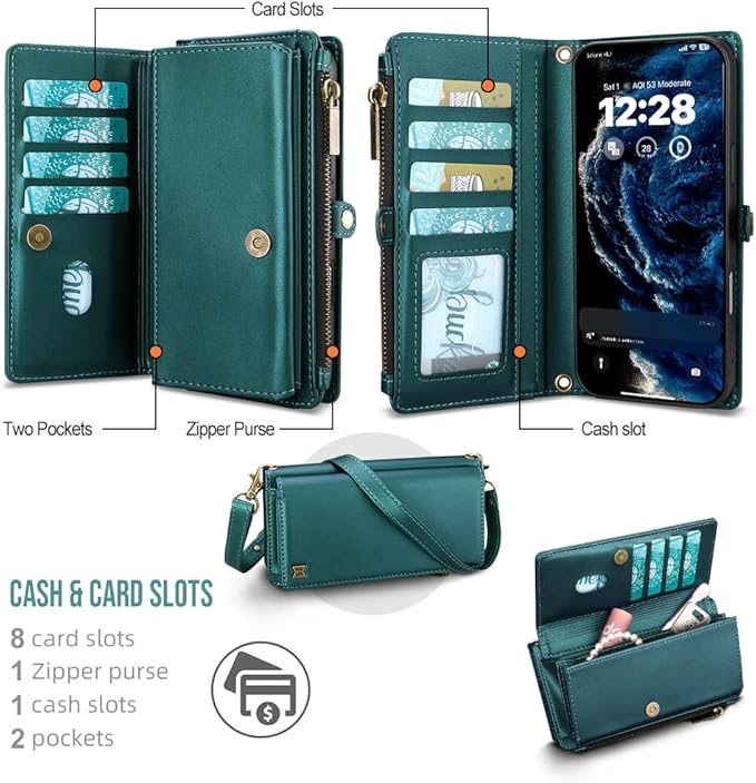 for iPhone 17 Pro Max Wallet Phone Case with 8 Card Holder,RFID Blocking | PU Leather | Kickstand | Flip | Wrist Strap&Shoulder Strap | Shockproof | Zipper Wallet | Women Men | 6.9" | Green