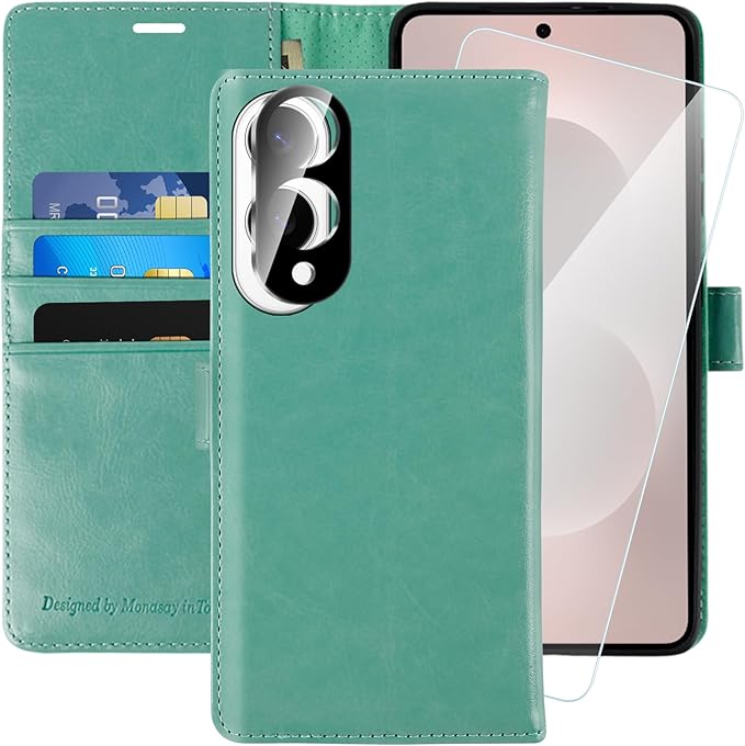 MONASAY Wallet Case Fit for Samsung Galaxy S25 Edge 5G，[Lens & Glass Screen Protector] [RFID Blocking] Flip Folio Leather Cell Phone Cover with Credit Card Holder, 6.7 inch, Mint