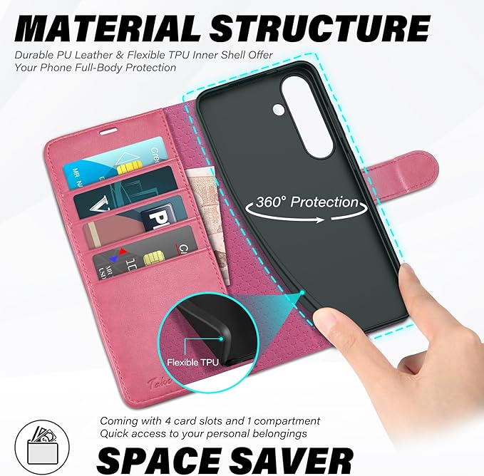 TUCCH Case Wallet for Galaxy S25 Plus, PU Leather Magnetic Kickstand [RFID Blocking] Card Slot Folio Flip Cover with [TPU Shockproof Interior Case] Compatible with Galaxy S25 Plus 6.7" 2025, Hot Pink