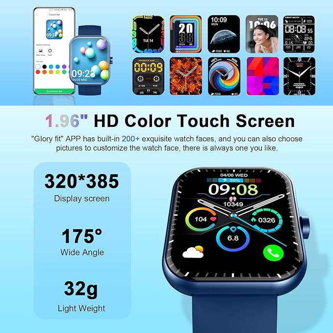 Smart Watch for Men Women (Answer/Make Calls), 1.96" HD Fitness Smartwatch 2025, 110+ Sports Modes, Heart Rate/Sleep/Spo2 Monitor, IP68 Waterproof Step Counter, Activity Tracker for Android iOS, Blue