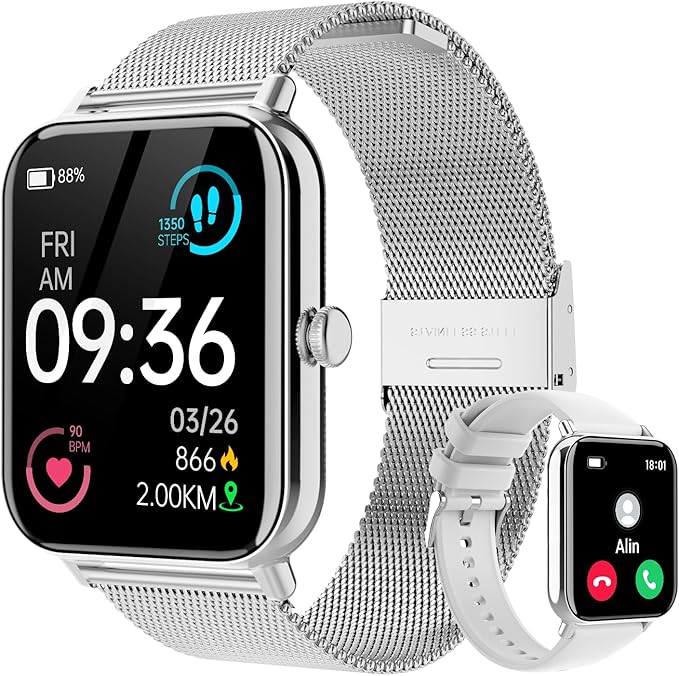 Smart Watch for Men Women(Answer/Dial Calls) 1.83" HD Fitness Step Tracker Watch with Heart Rate, Sleep & Stress,IP68 Waterproof/120+ Sports Modes for IOS/Android, Silver Metal/2 Watchs Bands