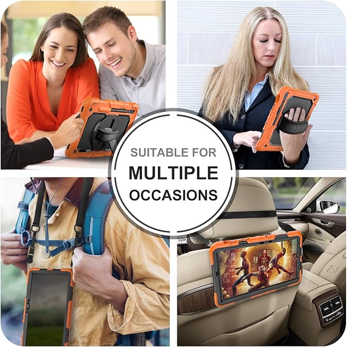 Case for Samsung Galaxy Tab S8/S7 11-inch 5G Tablet Case 2022/2020, [with Tempered Glass Screen Protector], Rotating Kickstand, Hand & Shoulder Strap, S Pen Holder (Orange)