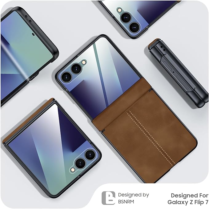 for Samsung Galaxy Z Flip 7 Case with Hinge Protection & Built-in Screen Protector, Ultra Thin Stylish Leather Matte PC Durable Shockproof Cover Phone Case for Galaxy Z Flip 7-Brown