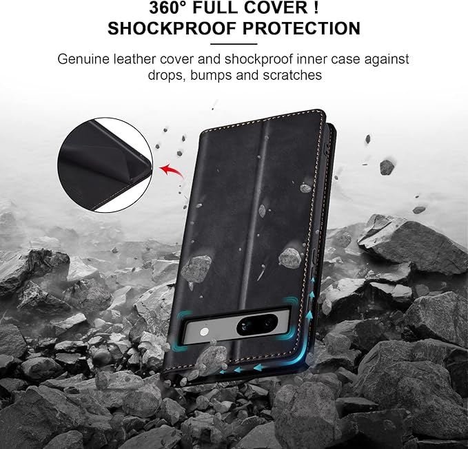 Jasonyu Flip Wallet Case for Google Pixel 7A,Leather Magnetic Folio Cover with Card Holder,Kickstand - TPU Shockproof Durable Protective Phone Case,Black