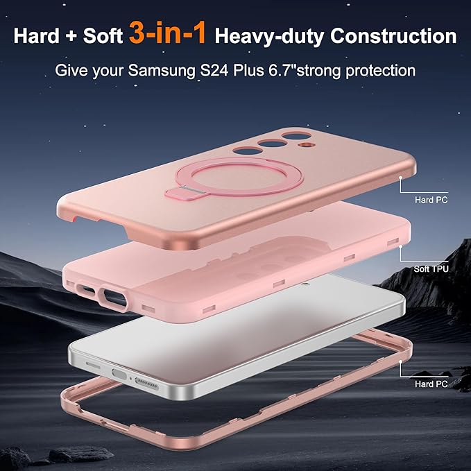 Designed for Samsung Galaxy S24 Plus Case with Magnetic Ring Stand [Compatible with Mag-Safe][Military Grade Drop Protection][Build in Kickstand] Shockproof S24+ Phone Case 6.7",Rose Gold