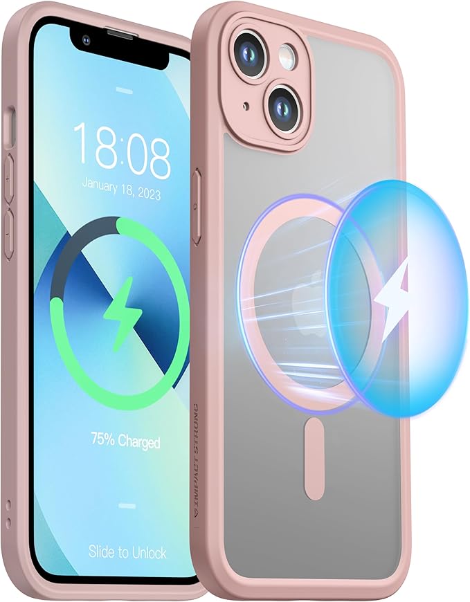 ImpactStrong Magnetic Guard Designed for iPhone 13 Case [Camera Protection] [Military Grade Drop Tested] [Compatible with MagSafe] Slim Translucent Matte Phone Case (6.1") - Pink