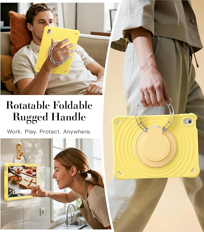 BRAECN Ripple Case for iPad (A16)11th/10th Generation 11/10.9 inch 2025/2022 Zinc Alloy Handle Ring Stand Protective Heavy Duty Screen Protector 360°Rotating 180°Folding Shoulder Strap Full-Body Cover