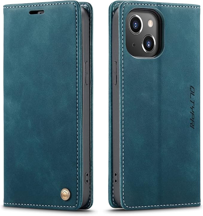 QLTYPRI Case for iPhone 14, Vintage PU Leather Wallet Case Card Slot Kickstand Magnetic Closure Shockproof Flip Folio Book Case Cover for iPhone 14(6.1 inch) - Blue