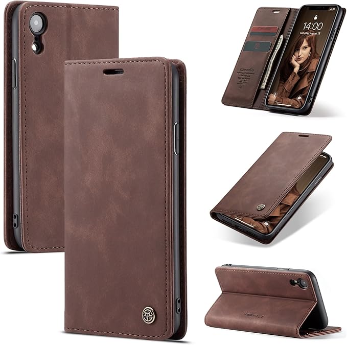 for iPhone XR 6.1-Inch Case, Flip Wallet Leather Case with Card Holder Magnetic Closure Shockproof Kickstand Protective Phone Cases Cover for iPhone XR, Coffee