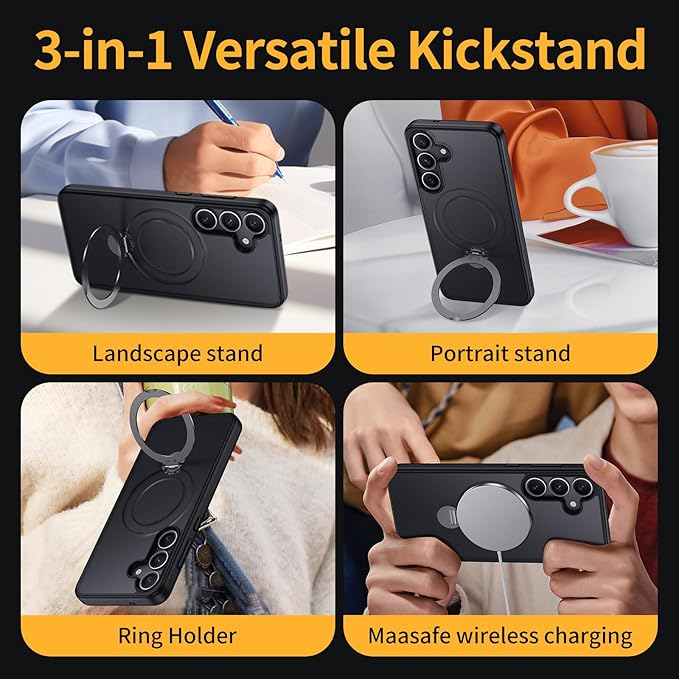 for Samsung Galaxy S25 Case,Compatible with Magsafe [Wireless Charging],with 360°Rotatable Magnetic Ring Stand Matte Translucent Slim Soft Edge Phone Kickstand,Black