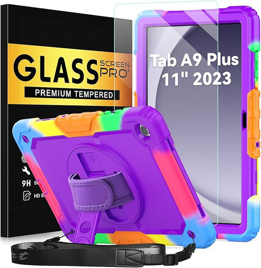 BLOSOMEET Purple Case for Samsung Galaxy Tab A9 Plus 2023 with Tempered Glass Screen Protector Pencil Holder Hand Strap&Stand,Kids Cover for Galaxy Tablet A9 Plus with Shoulder Strap