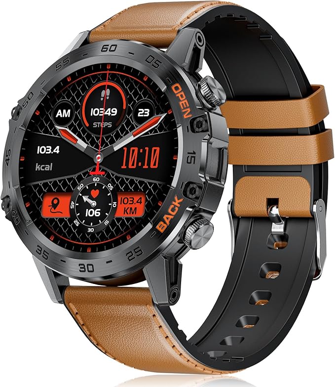 Smart Watch for Men Answer/Make Call for Android iOS, 400mAh Military Smartwatch Heart Rate Blood Oxygen Sleep Monitor Step Counter, 2 Watch Straps,Waterproof Outdoor Smart Watches Brown