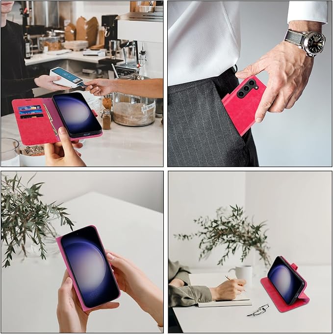 MONASAY Wallet Case Compatible for Galaxy S23+Plus 5G,[RFID Blocking] Flip Folio Leather Cell Phone Cover with Credit Card Holder，6.6 inch, Hot-Pink