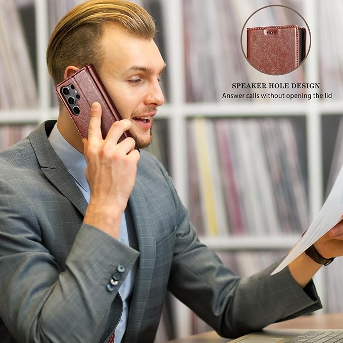 for Samsung Galaxy S25 Ultra Wallet Case, Genuine Leather Flip Folio Cover with RFID Blocking Card Slots, Kickstand [Shockproof TPU Inner Shell] for Galaxy S25 Ultra (Brown)