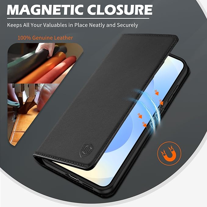 SHIELDON Case for Galaxy S25 Edge 6.7", Genuine Leather Folio Wallet Cover with Kickstand RFID Blocking Card Holder Magnetic Full Protective Case Compatible with Galaxy S25 Edge 2025 - Nappa Black