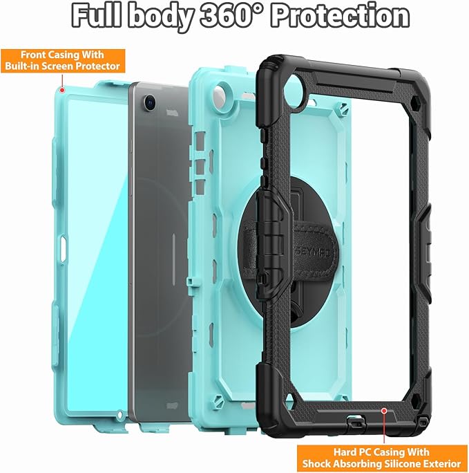 SEYMAC Case for Samsung Galaxy Tab A9+/ A9 Plus 11" (SM-X210/X216/X218), Heavy Duty Shockproof Protective Case with Screen Protector, Rotating Stand and Hand/Shoulder Strap, Light Blue