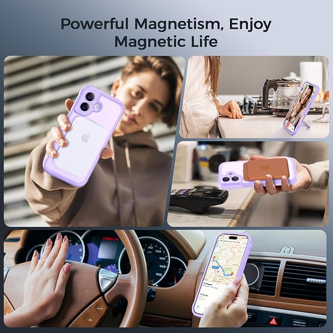MOCCA Compatible with iPhone 17 Case with Magnetic Invisible Stand [Full Camera Protection] [Compatible with Magsafe] Military Drop Shockproof Translucent Matte Phone Case Cover 6.3",Light Purple