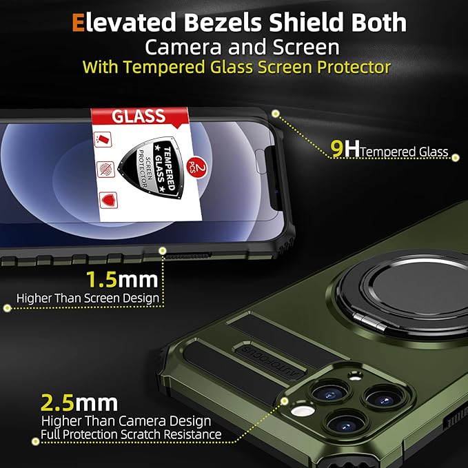 Magnetic for iPhone 12 Case Compatible with MagSafe Wireless Charging,12 Phone Case with 2 Screen Protectors,Built-in Kickstand Ring Military Grade Drop Shockproof Heavy Duty Protection Green