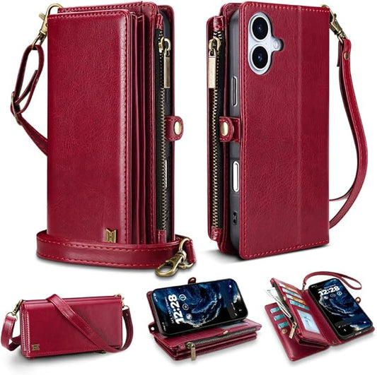 for iPhone 17 Wallet Phone Case with 7 Card Holder,RFID Blocking | PU Leather | Kickstand | Flip | Wrist Strap&Shoulder Strap | Shockproof | Zipper Wallet | Women Men | 6.3" | Red