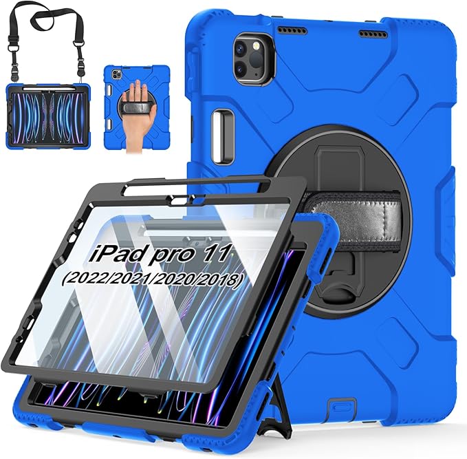 Case for iPad Pro 11 Inch 2022/2021/ 2020/2018: Silicone Cover for iPad 11 Inch 4th/ 3rd/ 2nd/ 1st/ Generation with Screen Protector- Stand- Handle- Shoulder Strap- Pencil Holder- Blue