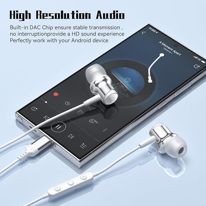 USB C Headphone for Samsung S25 S24 S23 Ultra FE S22 A55 A54 Wired Earbuds Magnetic in-Ear Type C Earphone with Mic Volume Control Stereo Noise Canceling Earbud for iPhone 17 Air 16 15 Pro Max Pixel 9