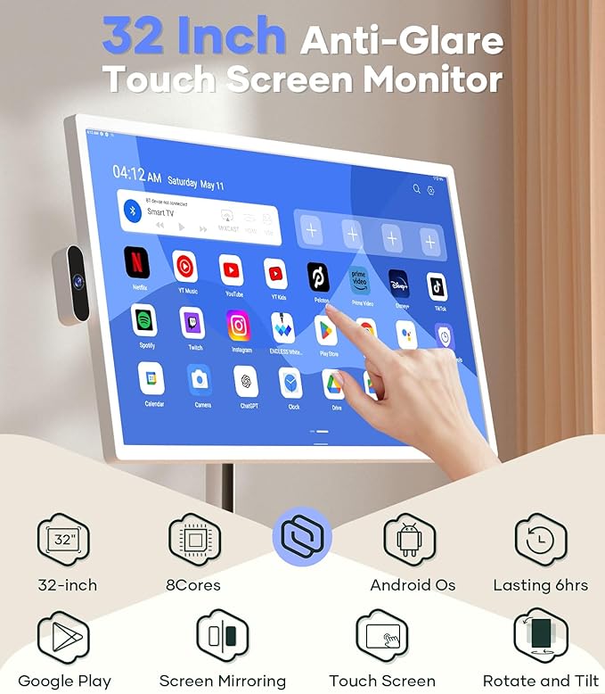 32 Inch Mobile Portable TV Stand on Wheels Support Google Store Full Swivel Rotation Portable Touch Screen Monitor Built-in Battery Smart Rolling Tablet TV 4K Camera Remote Control White