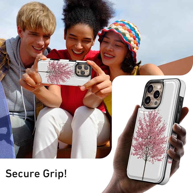 FUNMIKO for iPhone 16 Pro Max Wallet Case with Card Holder, RFID-Blocking, Military-Grade Protection & UV-Printed Artwork, Magnetic Closure with Leather Kickstand - Blooming Cherry Tree