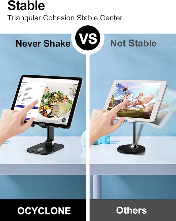 OCYCLONE Cell Phone Stand + 2 PCS Cable Organizer, Angle Height Adjustable iPhone Stand for Desk, Foldable Cell Phone Holder Tablet Stand Compatible with 4.7"-13" Phone Tablet