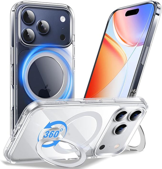 Anqrp 360° All-in-ONE Crystal Clear Case for iPhone 17 Pro Max with Rotatable Magnetic Stand, Compatible with Mag-Safe, Anti-Yellowing Transparent MIL-Grade Shockproof Phone Case Cover