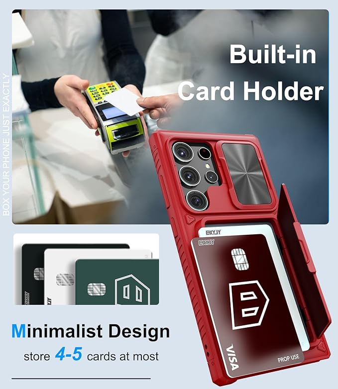 for Samsung Galaxy S23 Ultra Case with Card Holder (Store 4-5 Cards) & Slide Camera Cover & Kickstand, Military Grade Drop Protection, Shockproof Wallet Cases for Samsung S23 Ultra, Red