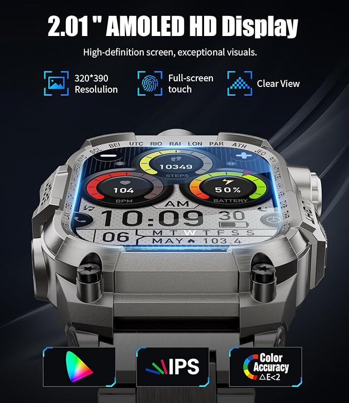 Military Smart Watches for Men(Answer/Make Calls),2.01"HD Screen Sports Smartwatch with LED Flashlight,700mAh Battery,Heart Rate/Sleep Monitor Fitness Tracker for Android iOS,100+Sport Modes,Sliver
