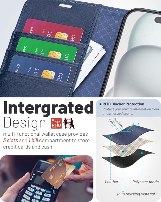 OCASE Compatible with iPhone 16 Wallet Case, PU Leather Flip Folio Case with Card Holders RFID Blocking Kickstand [Shockproof TPU Inner Shell] Phone Cover 6.1 Inch 2024, Spliced Blue