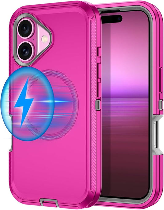 for iPhone 16 Case [Compatible with MagSafe] Shockproof 3-Layer Full Body Protection [Without Screen Protector] Rugged Heavy Duty Cover Case for Apple iPhone 16 6.1",Rose Red/Grey