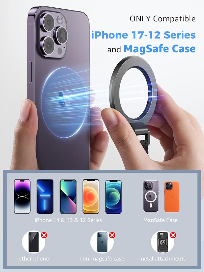 SUPERONE for MagSafe Phone Grip with Finger Strap, Removable Magnetic Ring Holder with Kickstand Finger Loop, MagSafe Accessories for iPhone 17/16/15/14/13/12 Series, Black