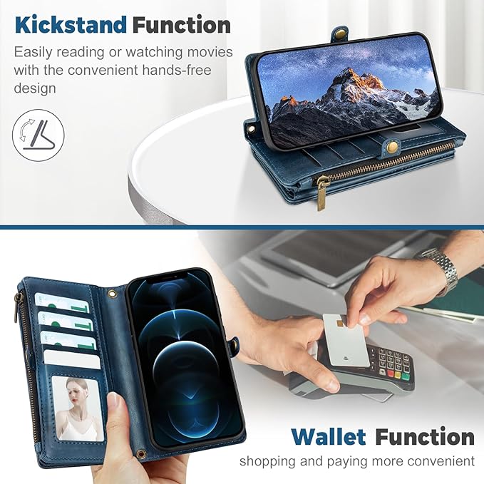 for iPhone 11 Pro Max Wallet Phone Case with 8 Card Holder,RFID Blocking | PU Leather | Kickstand | Flip | Wrist Strap&Shoulder Strap | Shockproof | Zipper Wallet | Women Men | 6.5" | Blue