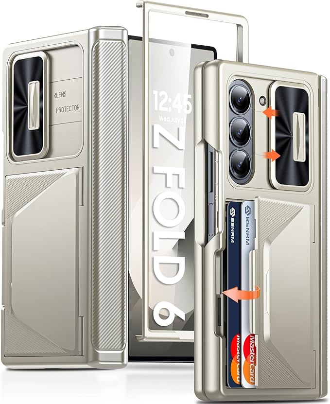 for Samsung Galaxy Z Fold 6 Case with Card Holder RFID Blocking & Slide Camera Cover& Hinge Protection& Full-Body Rugged Shockproof Wallet Case for Galaxy Z fold 6, Titanium Gold