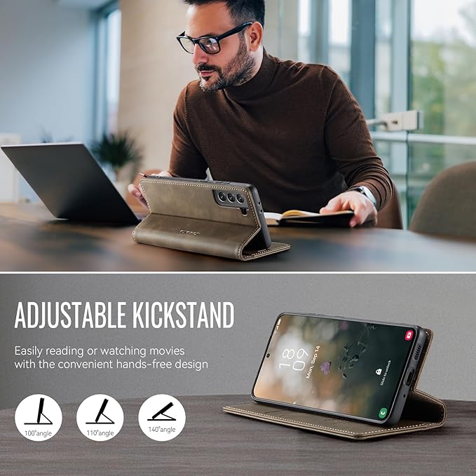 Wallet Case for Samsung Galaxy S21 Leather Wallet Flip Cover with Card Holder, Kickstand, Magnetic Closure, RFID Blocking TPU Shockproof Phone Case Compatible with S21, Coffee